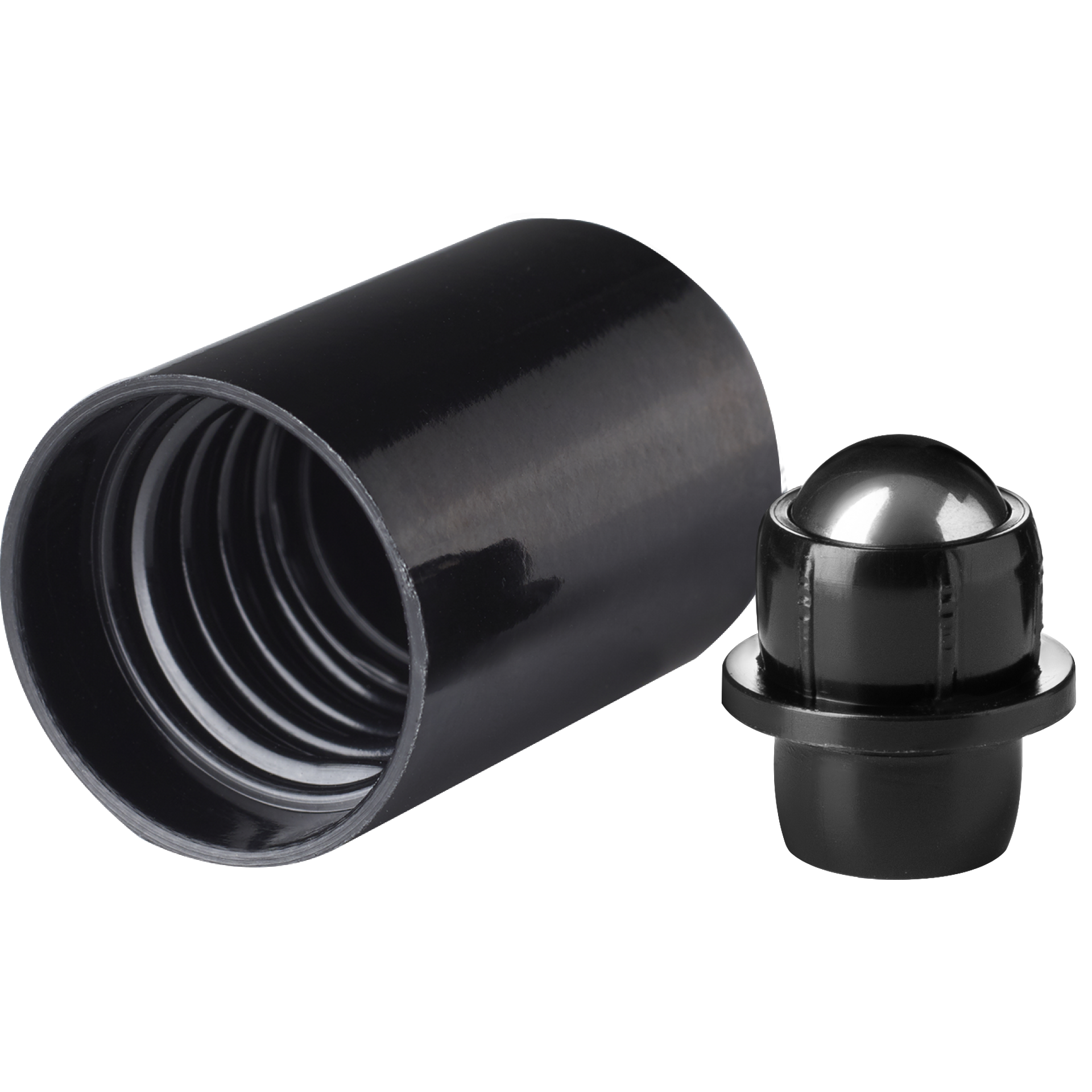 Roll-on cap DIN18, PP, black fitment, stainless steel ball, black cap (Orion)